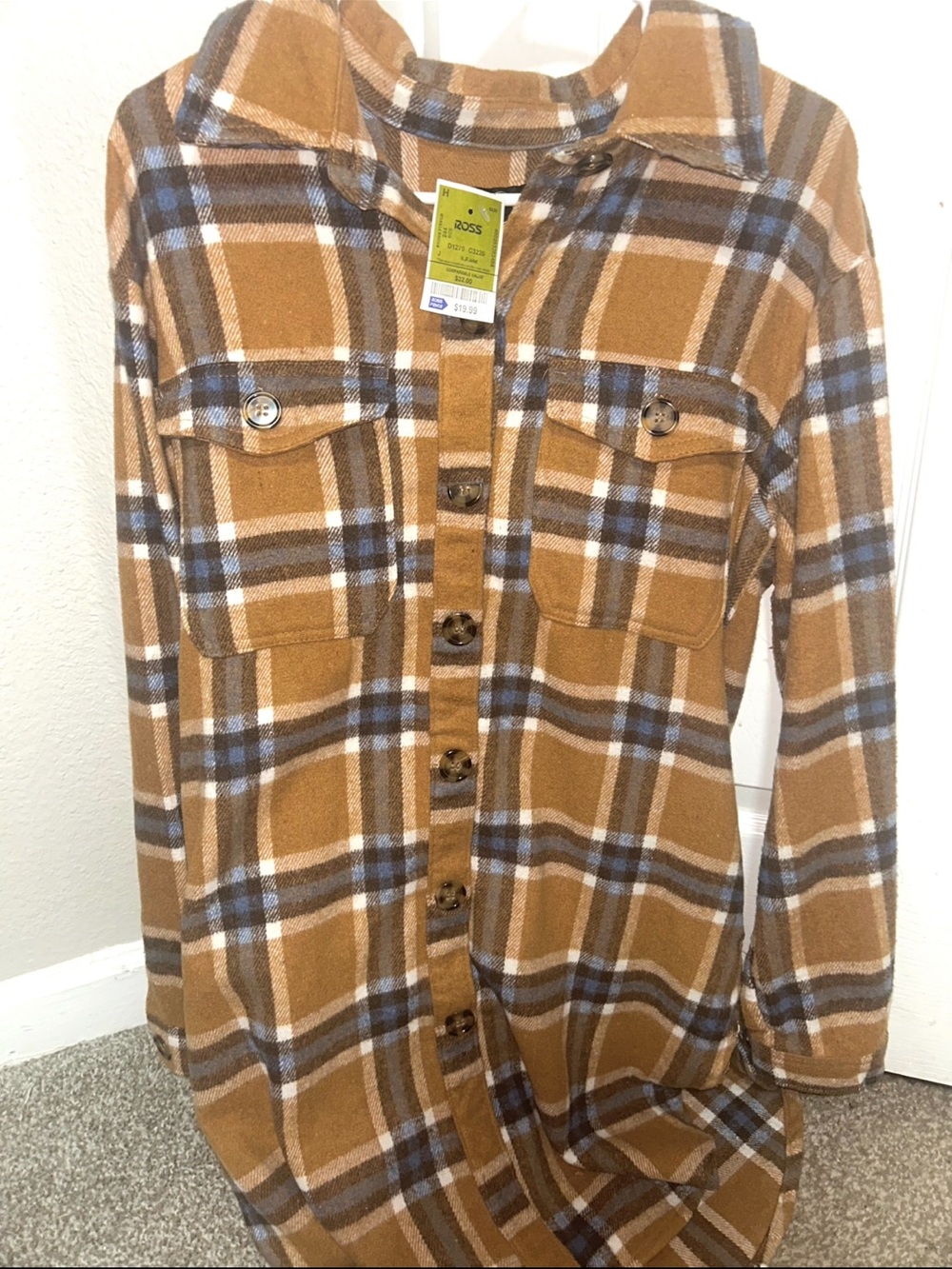 Women’s Button-Down Plaid Shirt Jacket - Camel Blue